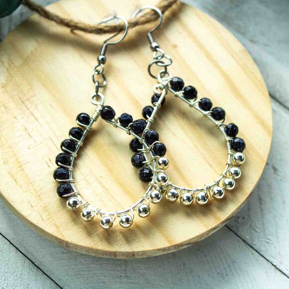 Teardrop Earrings with Blue Sandstone and Silver Accent Beads - Picture 5 of 12